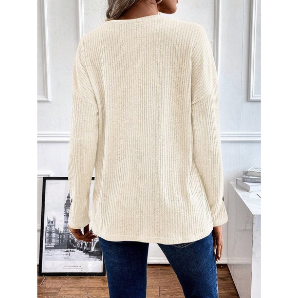 preppy Half Button Drop Shoulder ribbed Knit long sleeve Tee - Picture 4 of 11